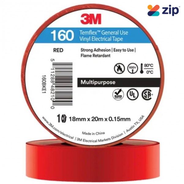 3M AE019500758 - Temflex 160 18MM x 20M Red Vinyl General Use Multipurpose Flame Retardant Electrical Tape