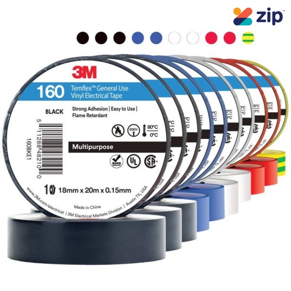 3M AE019500766 - Temflex 160 18mm x 20m Rainbow General Purpose Vinyl Electrical Tape Pack of 10 x Assorted Colours