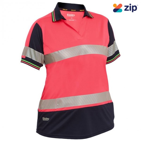 Bisley BKL1225T_TT21 - Pink / Navy Taped Two Tone Hi Vis V-Neck Women Short Sleeve Polo Shirt