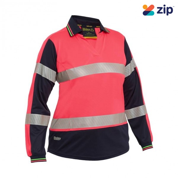 Bisley BKL6225T_TT21 - Pink / Navy Taped Two Tone Hi Vis V-Neck Women Long Sleeve Polo Shirt