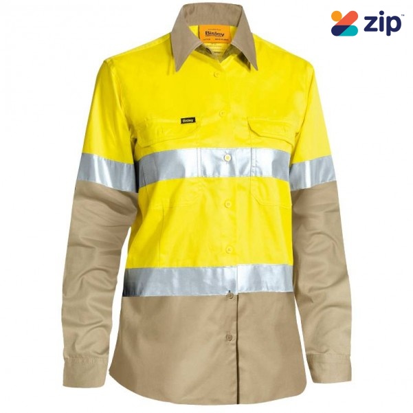 Bisley BL6696T_TT16 - Yellow / Khaki Taped Hi Vis Women Cool Lightweight Drill Shirt