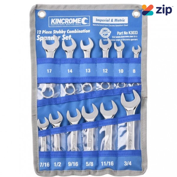 Kincrome K3033 - 12 Piece Imperial & Metric Stubby Combination Spanner Set