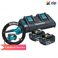 Makita B-90629 - 18V Dual Port Rapid Charger with 2 x 3.0AH Batteries Bonus Inflator + Blower