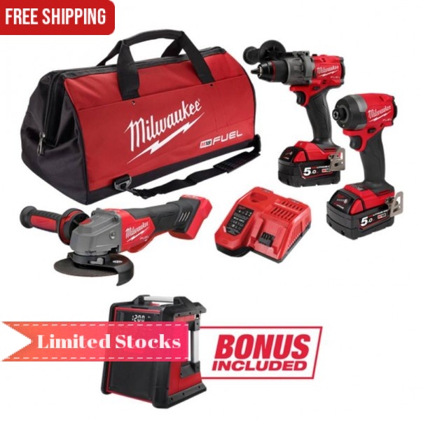 Milwaukee M18FPP3A3B502B - 18V Cordless Brushless 3 Piece Combo Kit 3A3B (Limited Time Only)